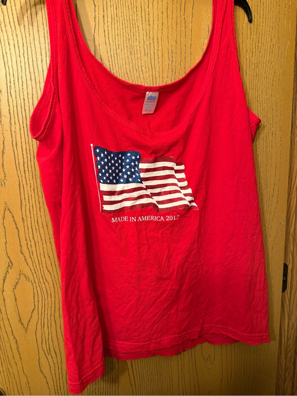 Size XL (16-18) Red tank top with the flag of USA